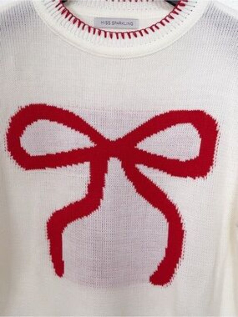Miss Sparkling Ivory Red Bow Graphic Lightweight Knit Sweater - Picture 3 of 7